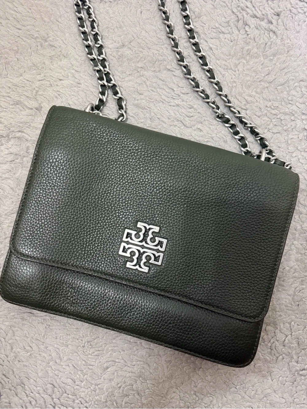 Tory Burch Dark Green Pebbled Leather Chain Shoulder Bag